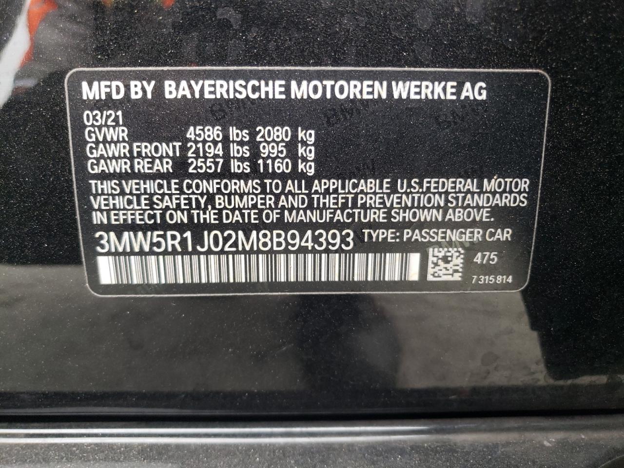 3MW5R1J02M8B94393 2021 BMW 330I