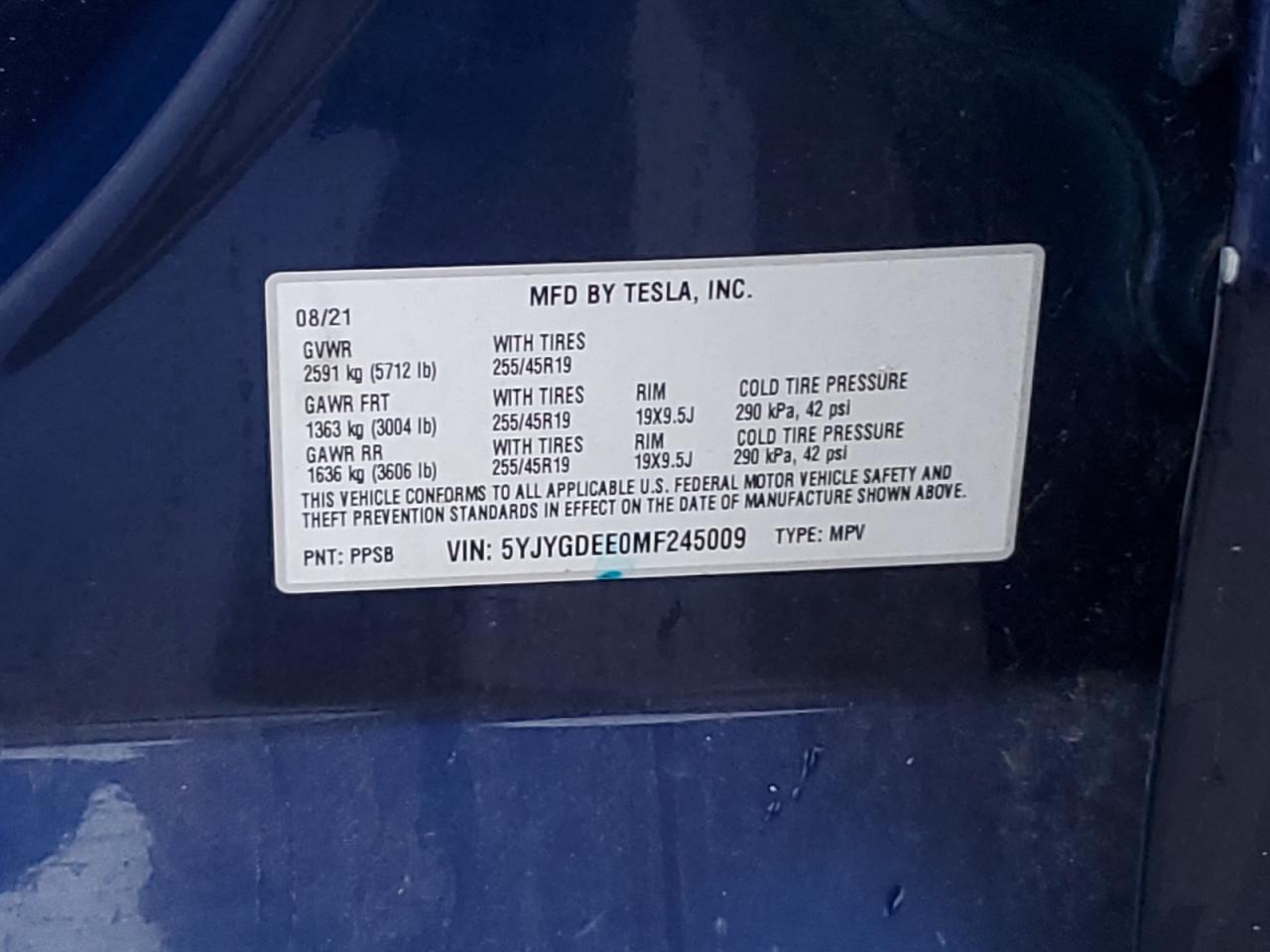 2021 Tesla Model Y VIN: 5YJYGDEE0MF245009 Lot: 77526034