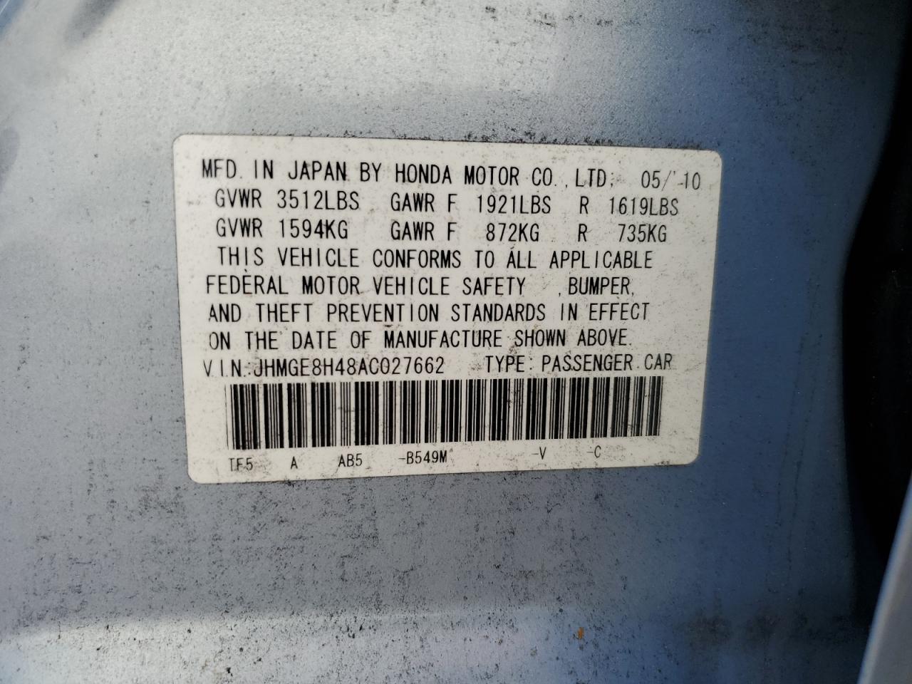 JHMGE8H48AC027662 2010 Honda Fit Sport