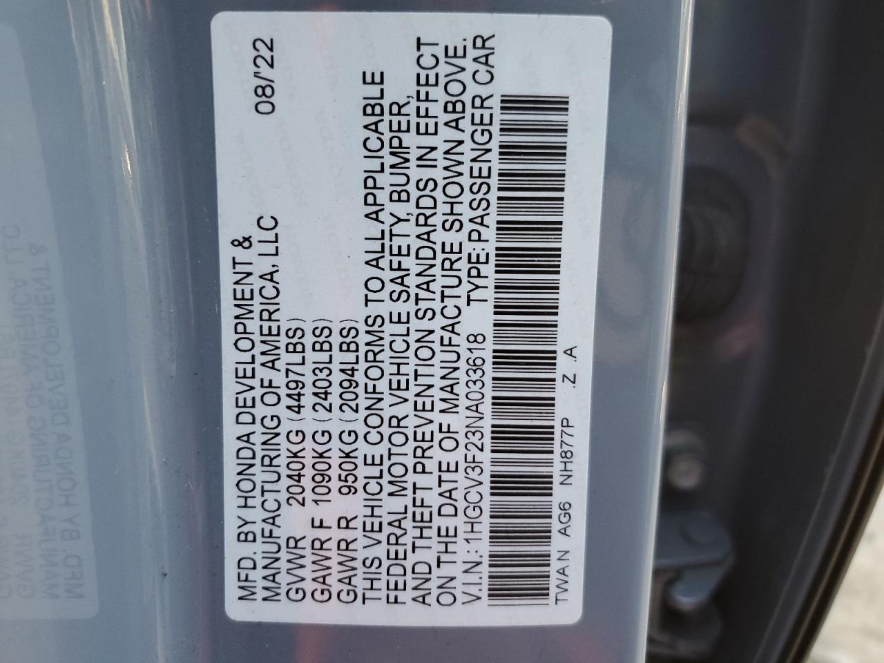 1HGCV3F23NA033618 2022 Honda Accord Hybrid Sport