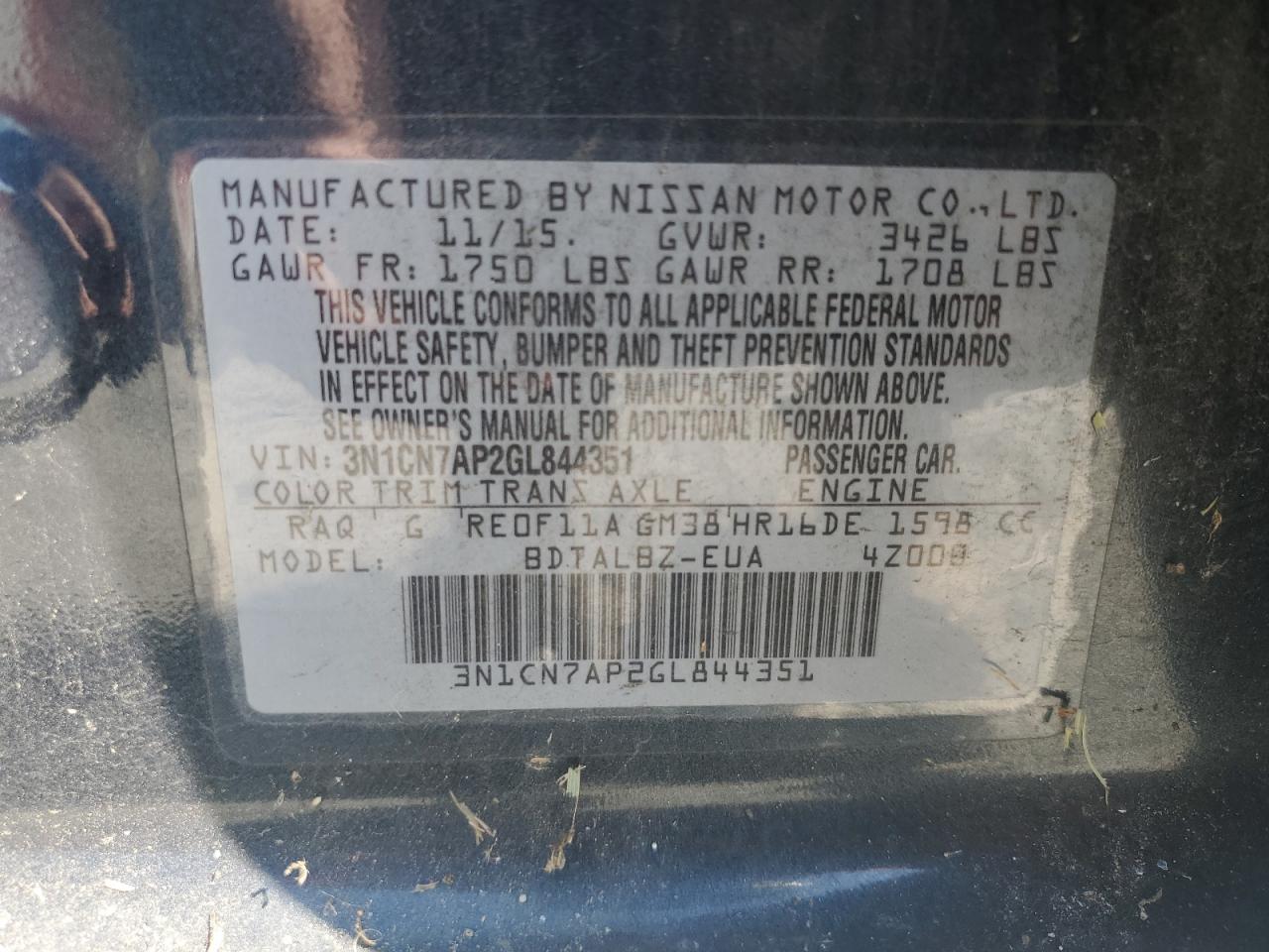 3N1CN7AP2GL844351 2016 Nissan Versa S