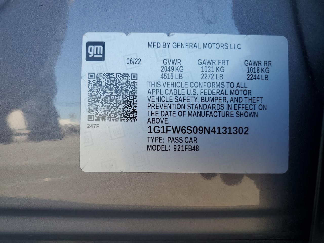 1G1FW6S09N4131302 2022 Chevrolet Bolt Ev 1Lt