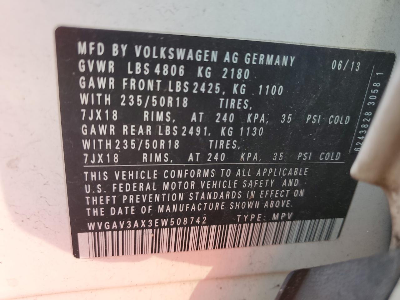 WVGAV3AX3EW508742 2014 Volkswagen Tiguan S