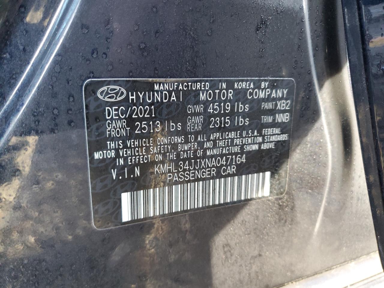 2022 Hyundai Sonata Hybrid VIN: KMHL34JJXNA047164 Lot: 78394194