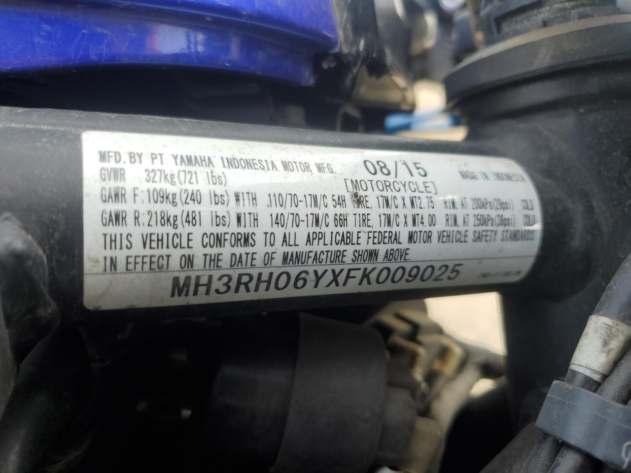 2015 Yamaha Yzfr3 VIN: MH3RH06YXFK009025 Lot: 75187594