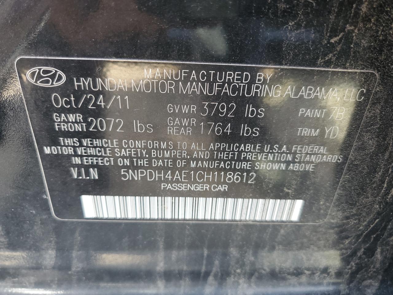 5NPDH4AE1CH118612 2012 Hyundai Elantra Gls