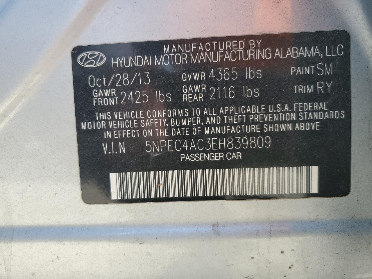 5NPEC4AC3EH839809 2014 Hyundai Sonata Se