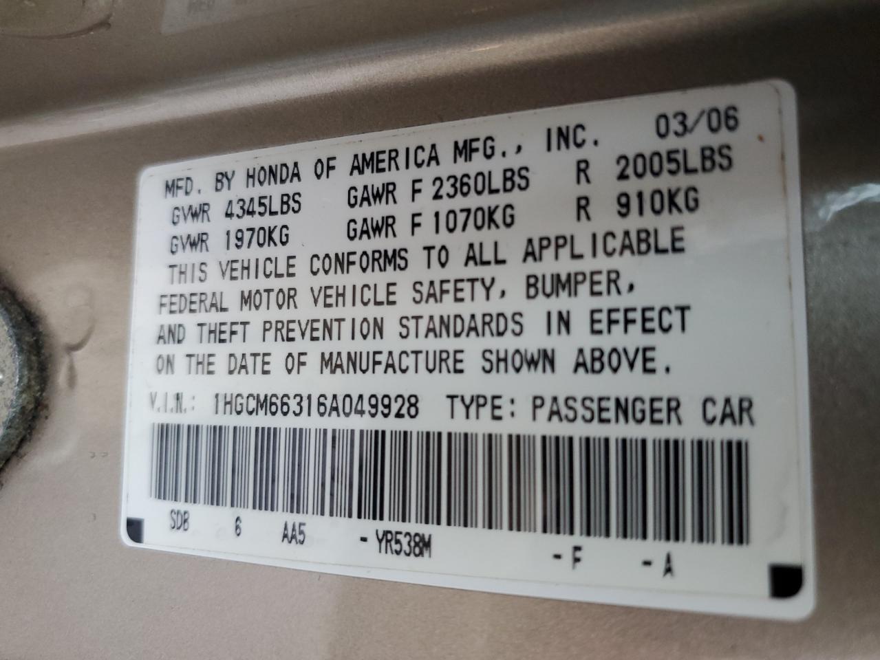 2006 Honda Accord Lx VIN: 1HGCM66316A049928 Lot: 78611404