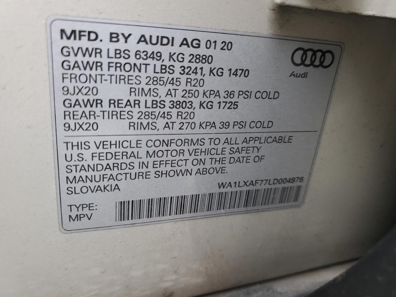 2020 Audi Q7 Premium Plus VIN: WA1LXAF77LD004976 Lot: 77353344