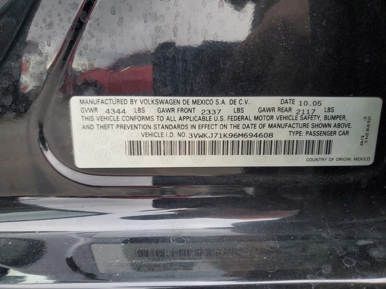 2006 Volkswagen Jetta 2.0T Option Package 1 VIN: 3VWKJ71K96M694608 Lot: 76800414