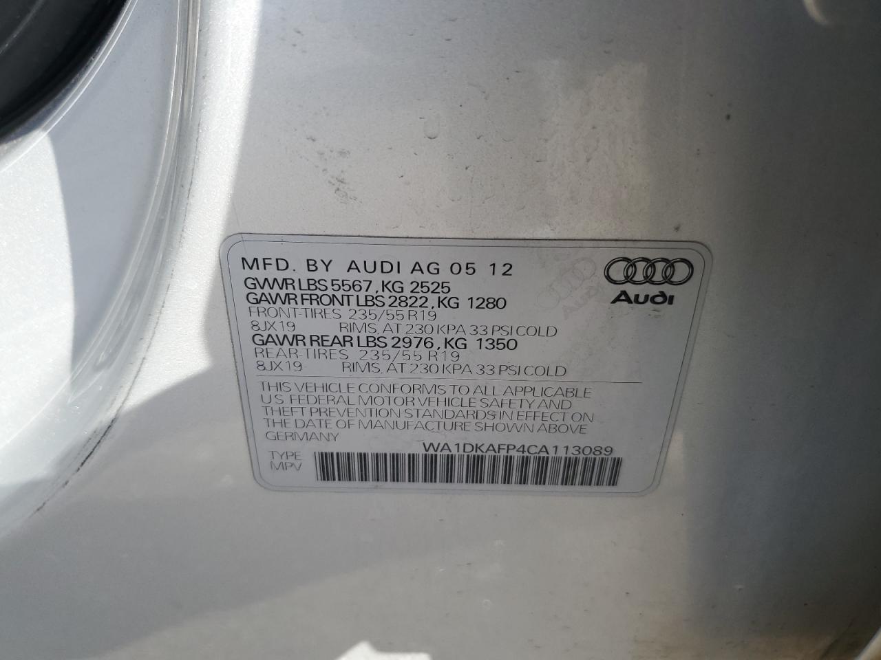 2012 Audi Q5 Premium Plus VIN: WA1DKAFP4CA113089 Lot: 73688754