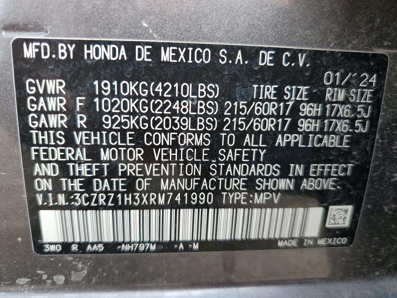 2024 Honda Hr-V Lx VIN: 3CZRZ1H3XRM741990 Lot: 78273854