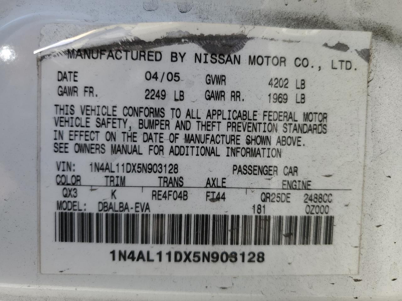 2005 Nissan Altima S VIN: 1N4AL11DX5N903128 Lot: 74984684