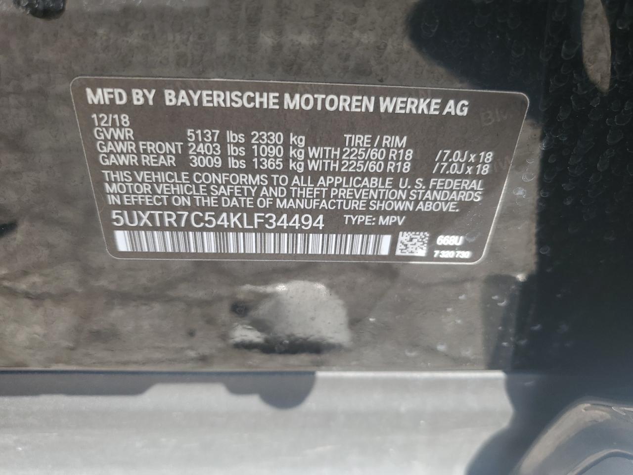 5UXTR7C54KLF34494 2019 BMW X3 Sdrive30I