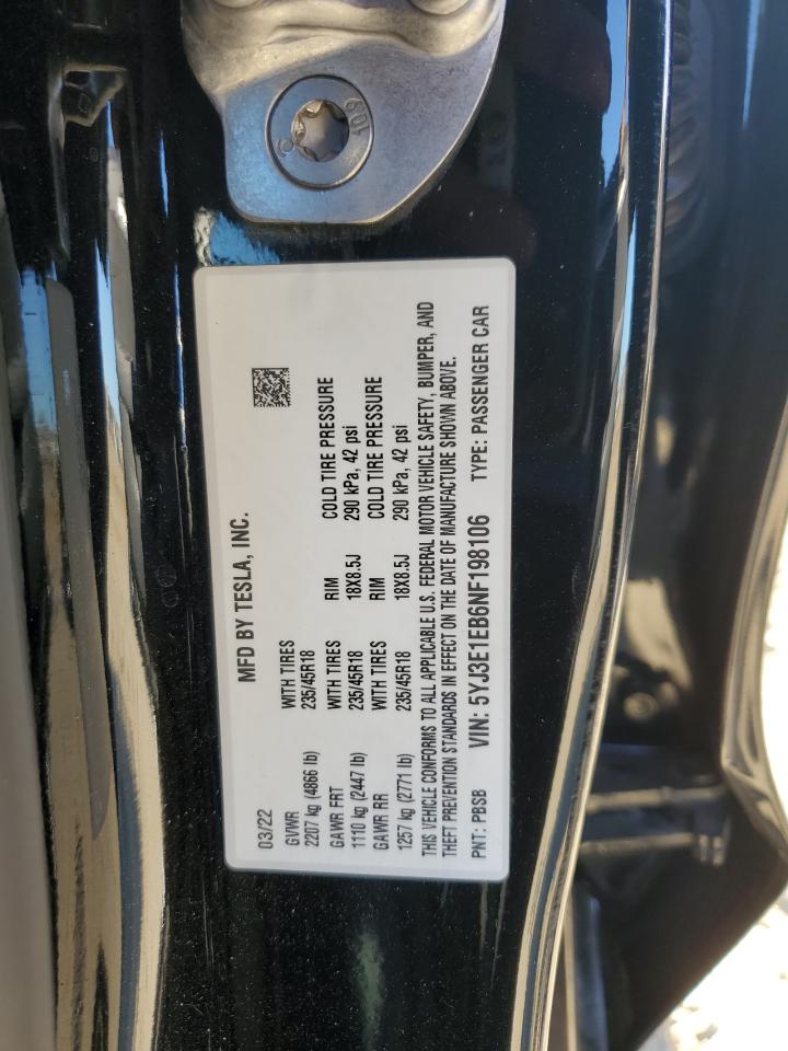 5YJ3E1EB6NF198106 2022 Tesla Model 3