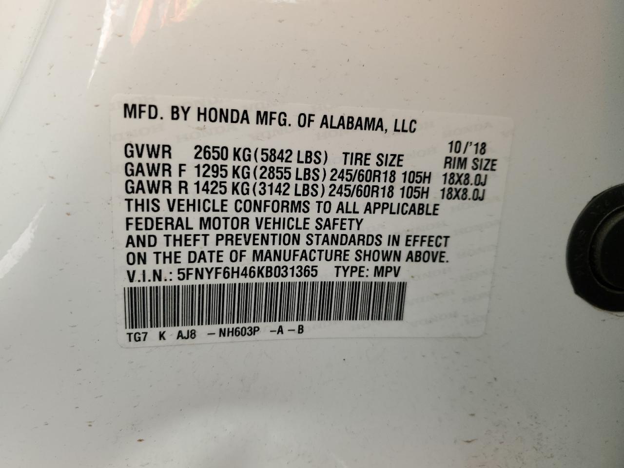 5FNYF6H46KB031365 2019 Honda Pilot Exl