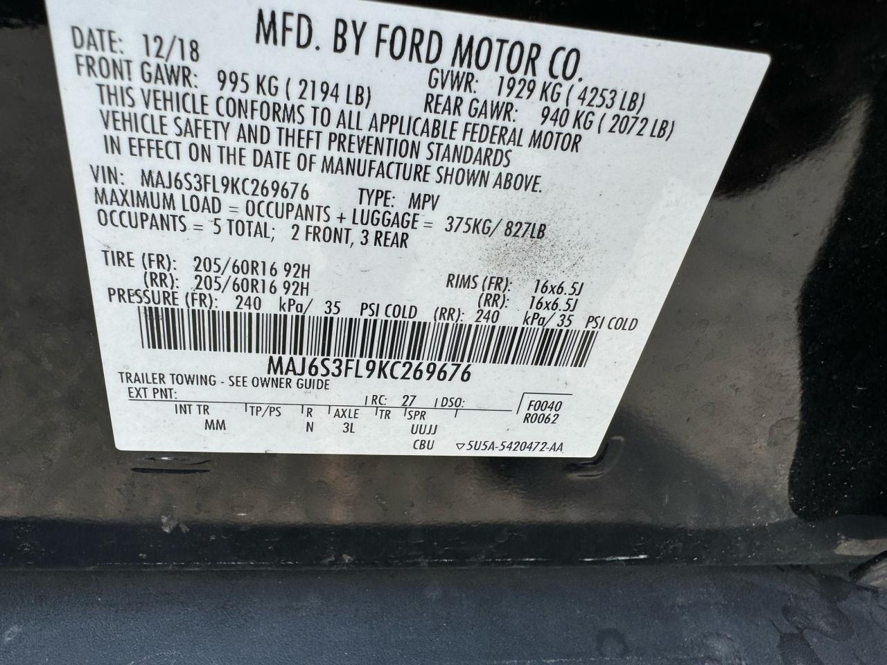 2019 Ford Ecosport S VIN: MAJ6S3FL9KC269676 Lot: 78213604