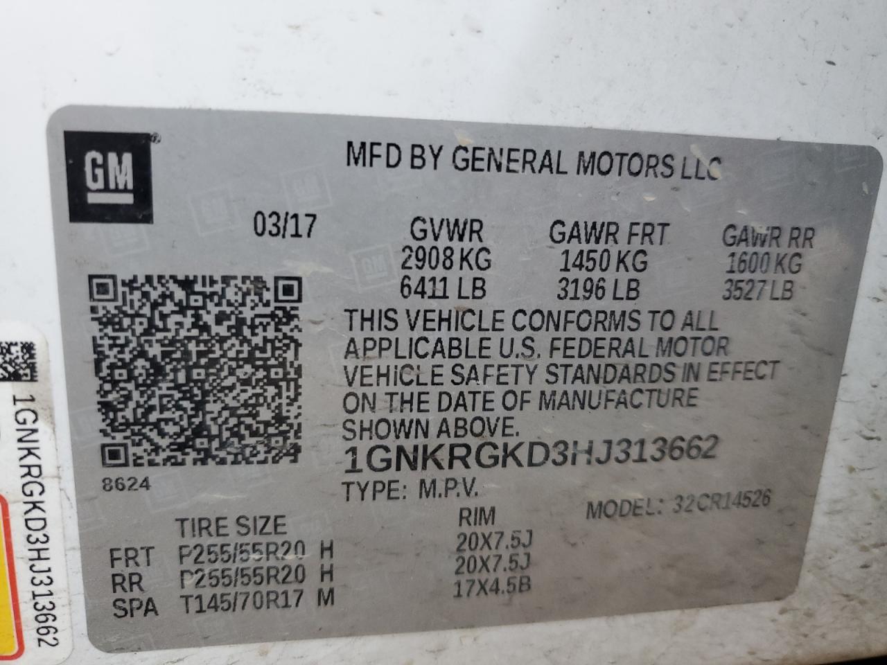 1GNKRGKD3HJ313662 2017 Chevrolet Traverse Lt