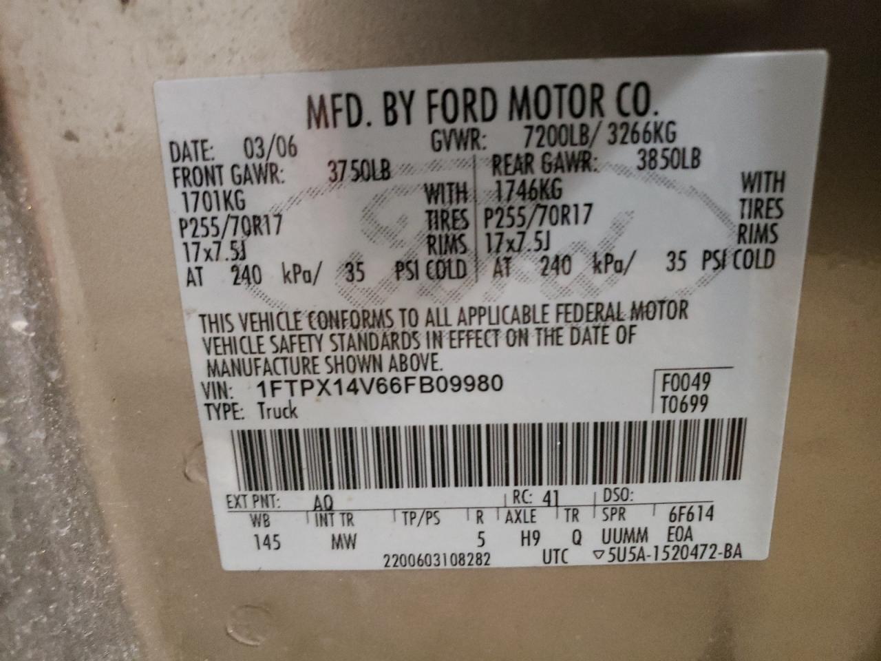 1FTPX14V66FB09980 2006 Ford F150