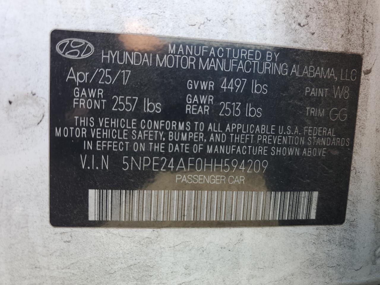 5NPE24AF0HH594209 2017 Hyundai Sonata Se