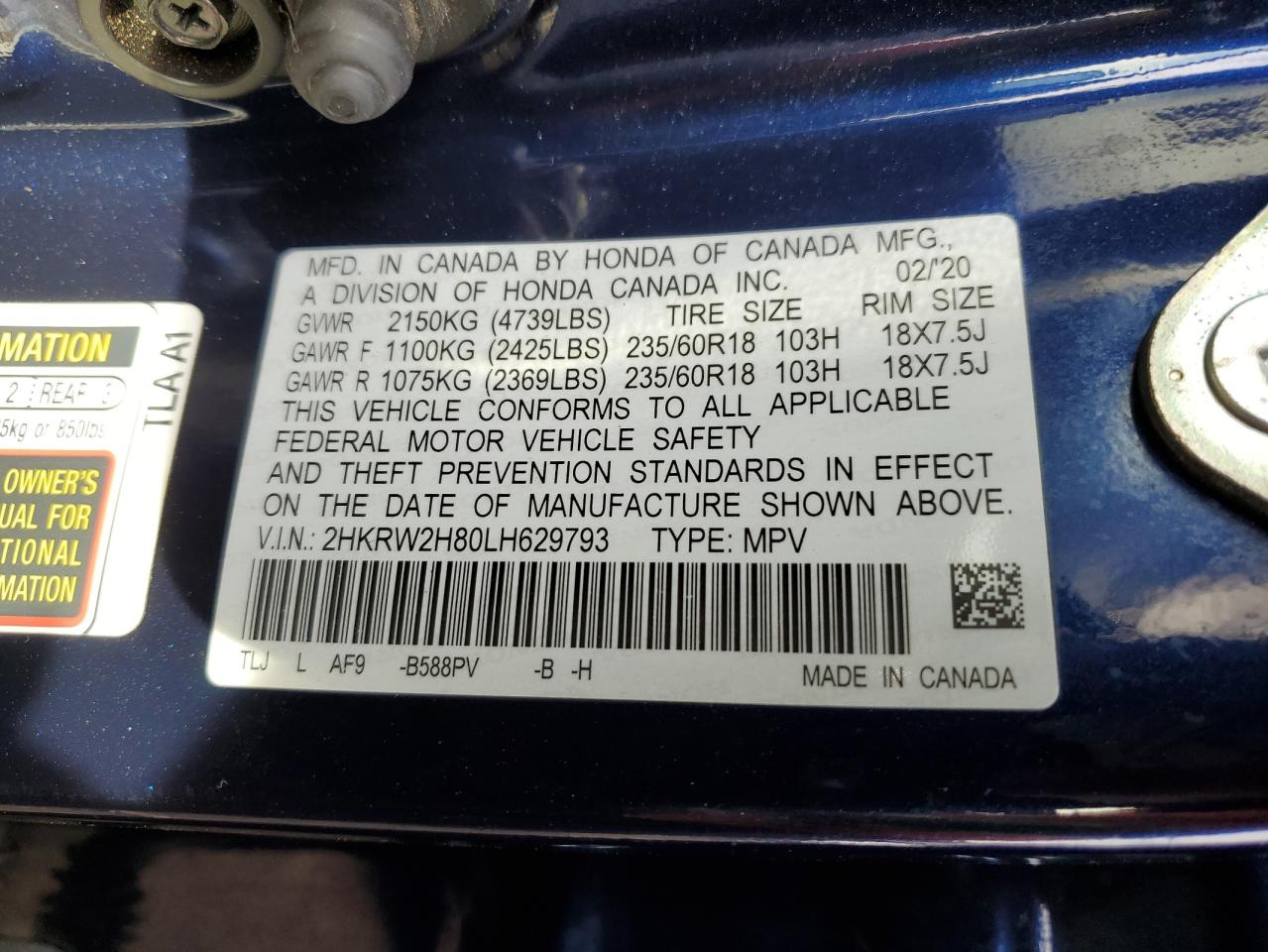 2020 Honda Cr-V Exl VIN: 2HKRW2H80LH629793 Lot: 78631544