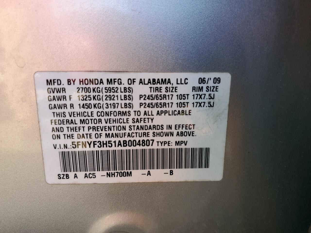 5FNYF3H51AB004807 2010 Honda Pilot Exl