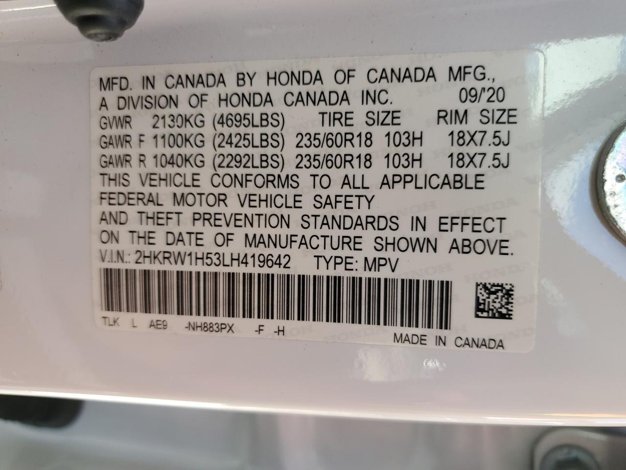 2020 Honda Cr-V Ex VIN: 2HKRW1H53LH419642 Lot: 74847294