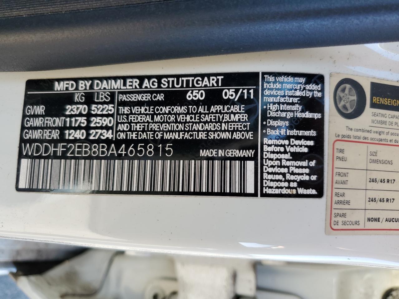 2011 Mercedes-Benz E 350 Bluetec VIN: WDDHF2EB8BA465815 Lot: 77080254