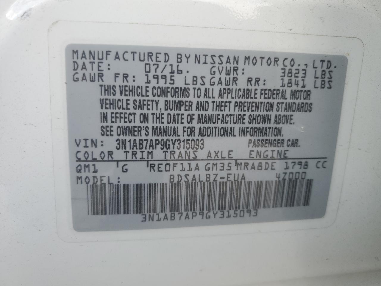 3N1AB7AP9GY315093 2016 Nissan Sentra S