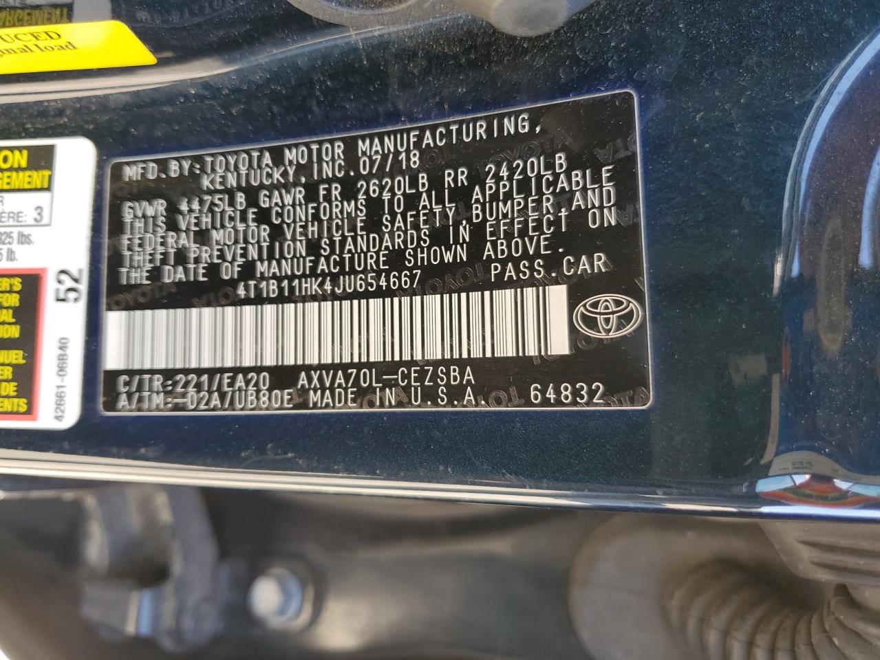 4T1B11HK4JU654667 2018 TOYOTA CAMRY - Image 12