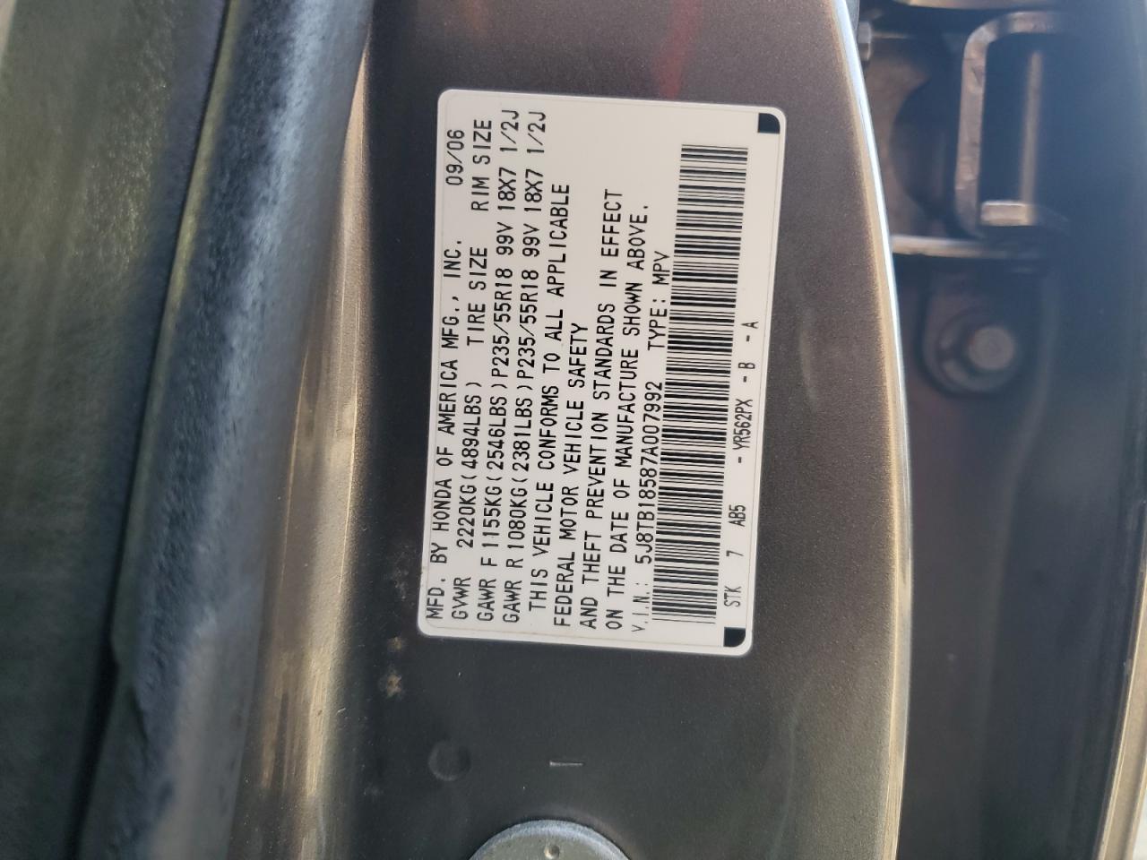 2007 Acura Rdx Technology VIN: 5J8TB18587A007992 Lot: 78010594