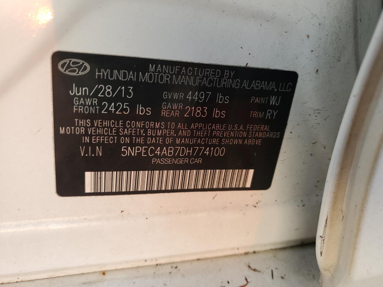 2013 Hyundai Sonata Se VIN: 5NPEC4AB7DH774100 Lot: 76060864