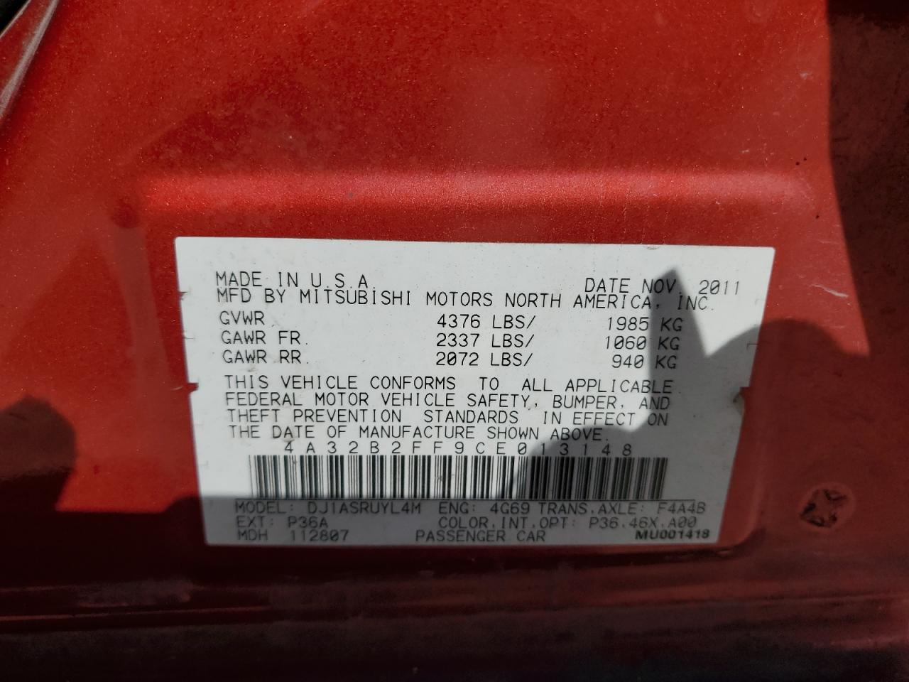 2012 Mitsubishi Galant Fe VIN: 4A32B2FF9CE013148 Lot: 78276384