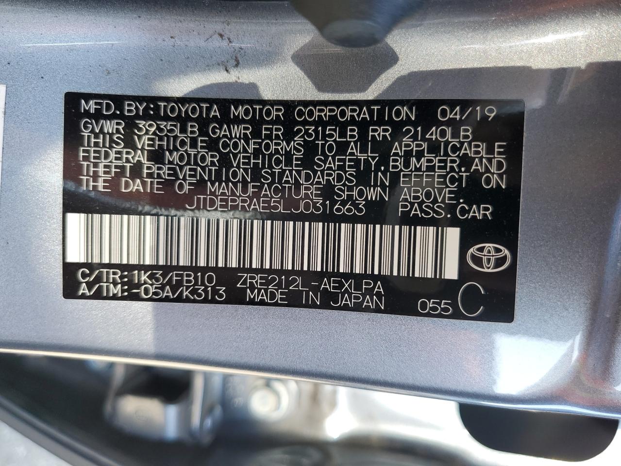 JTDEPRAE5LJ031663 2020 Toyota Corolla Le