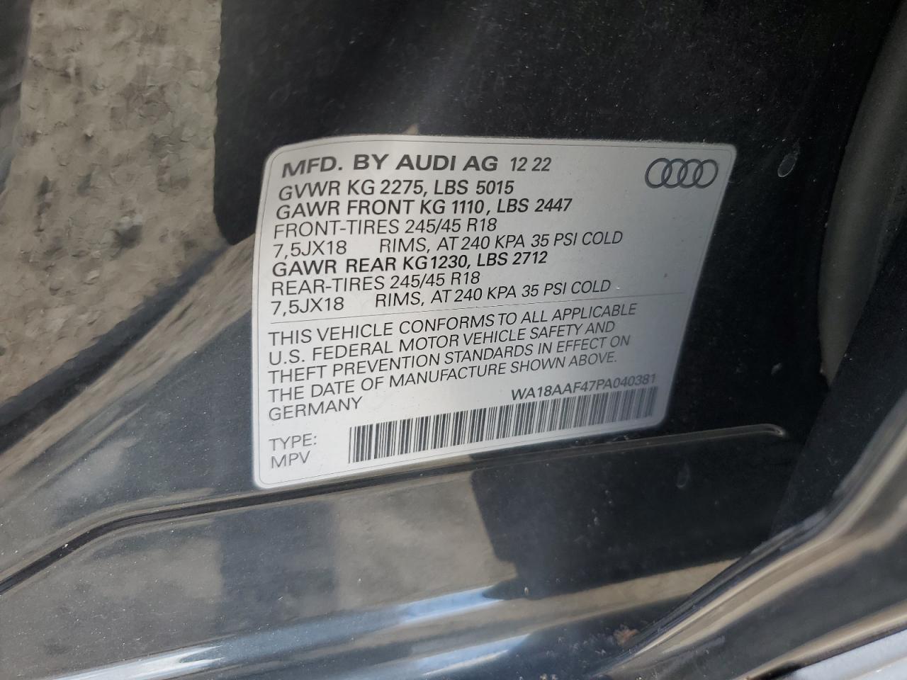 2023 Audi A4 Allroad Premium Plus VIN: WA18AAF47PA040381 Lot: 76334044