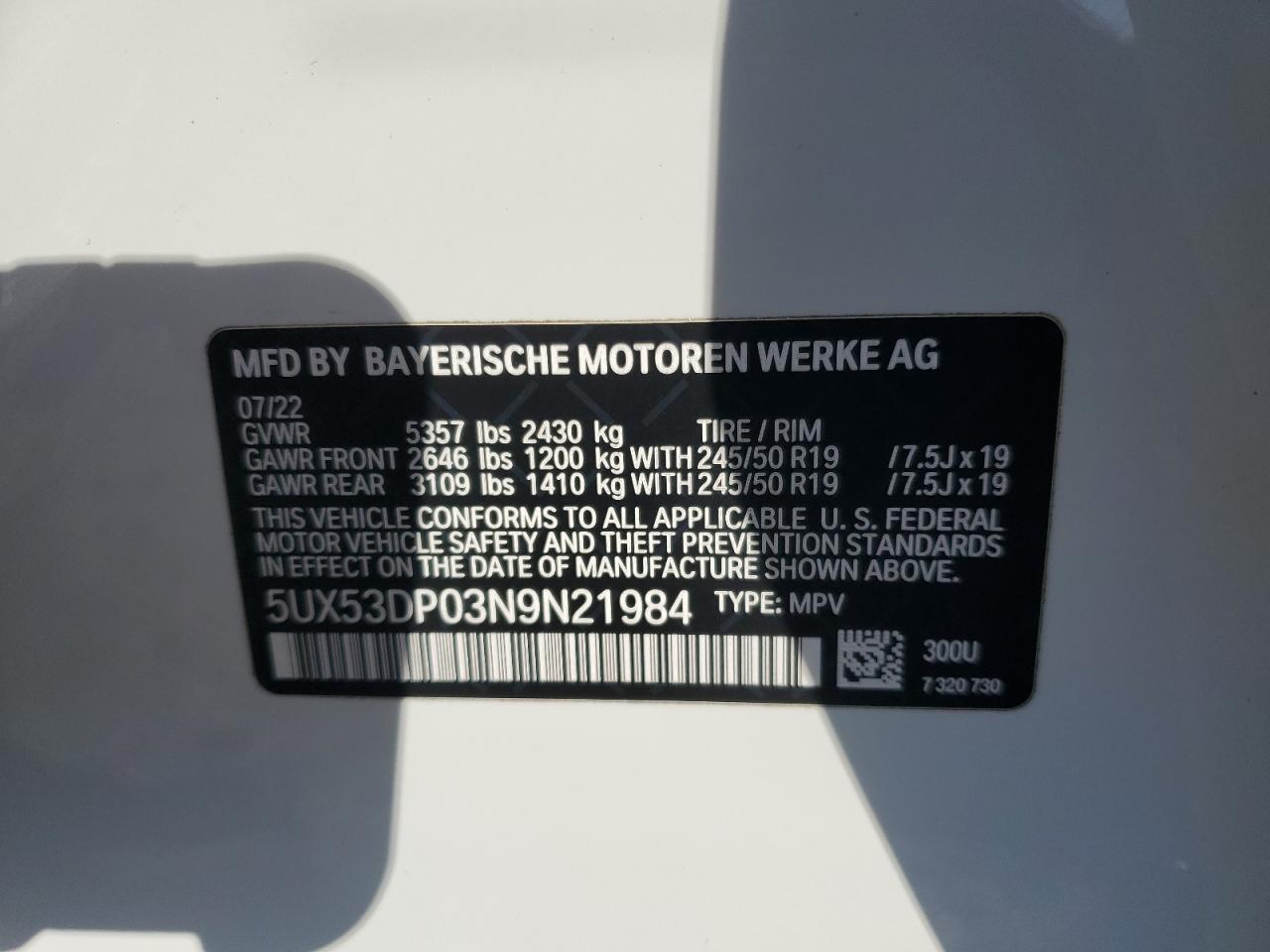 2022 BMW X3 xDrive30I VIN: 5UX53DP03N9N21984 Lot: 77409374