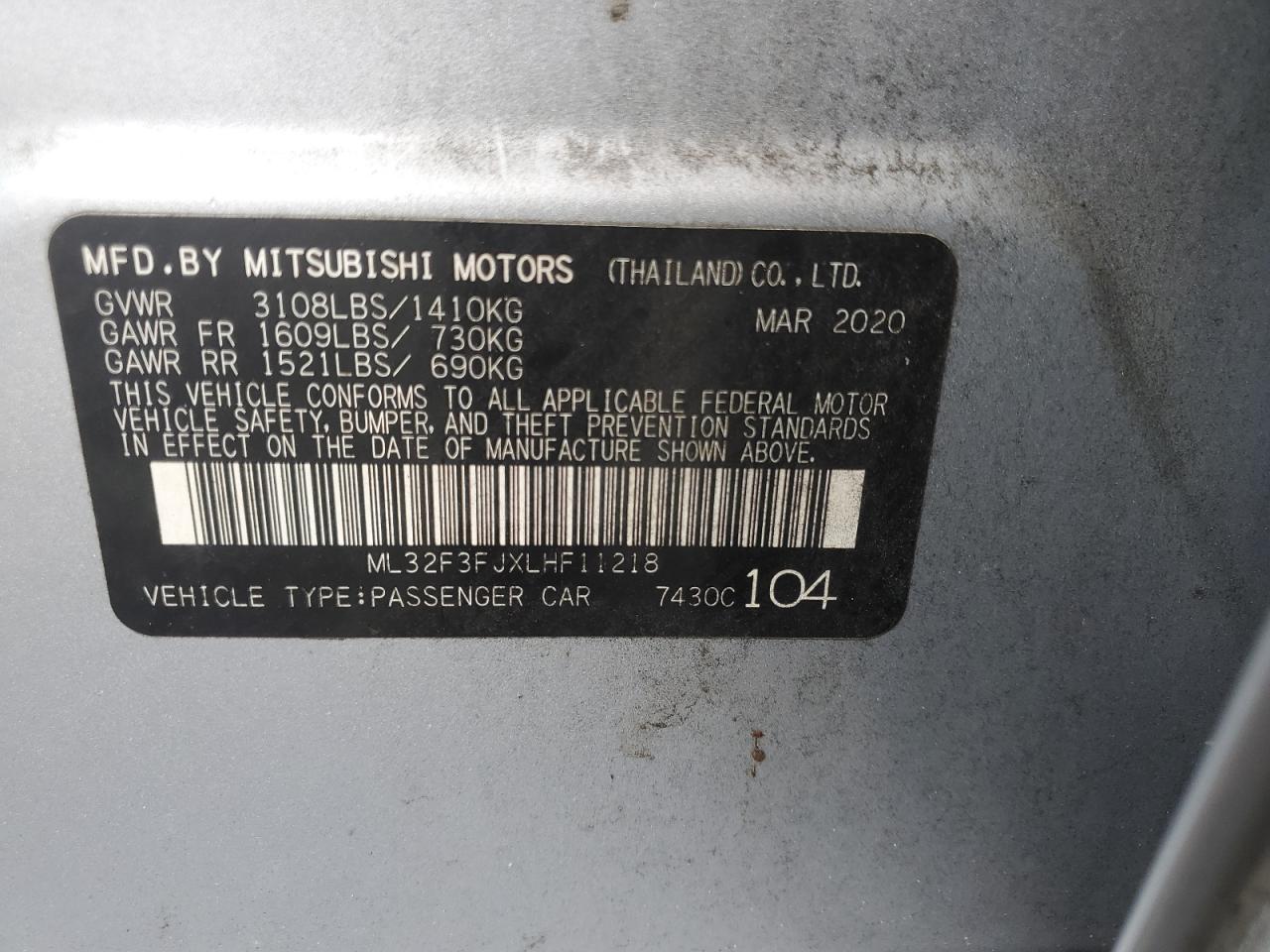 ML32F3FJXLHF11218 2020 Mitsubishi Mirage G4 Es