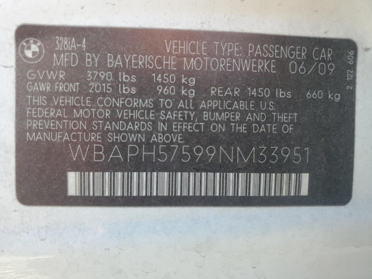 2009 BMW 328 I Sulev VIN: WBAPH57599NM33951 Lot: 74147264