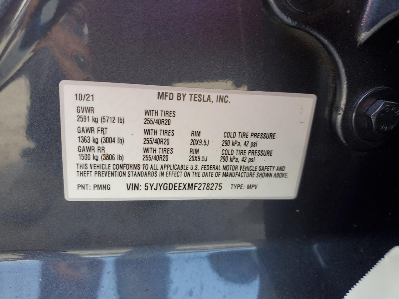 5YJYGDEEXMF278275 2021 Tesla Model Y