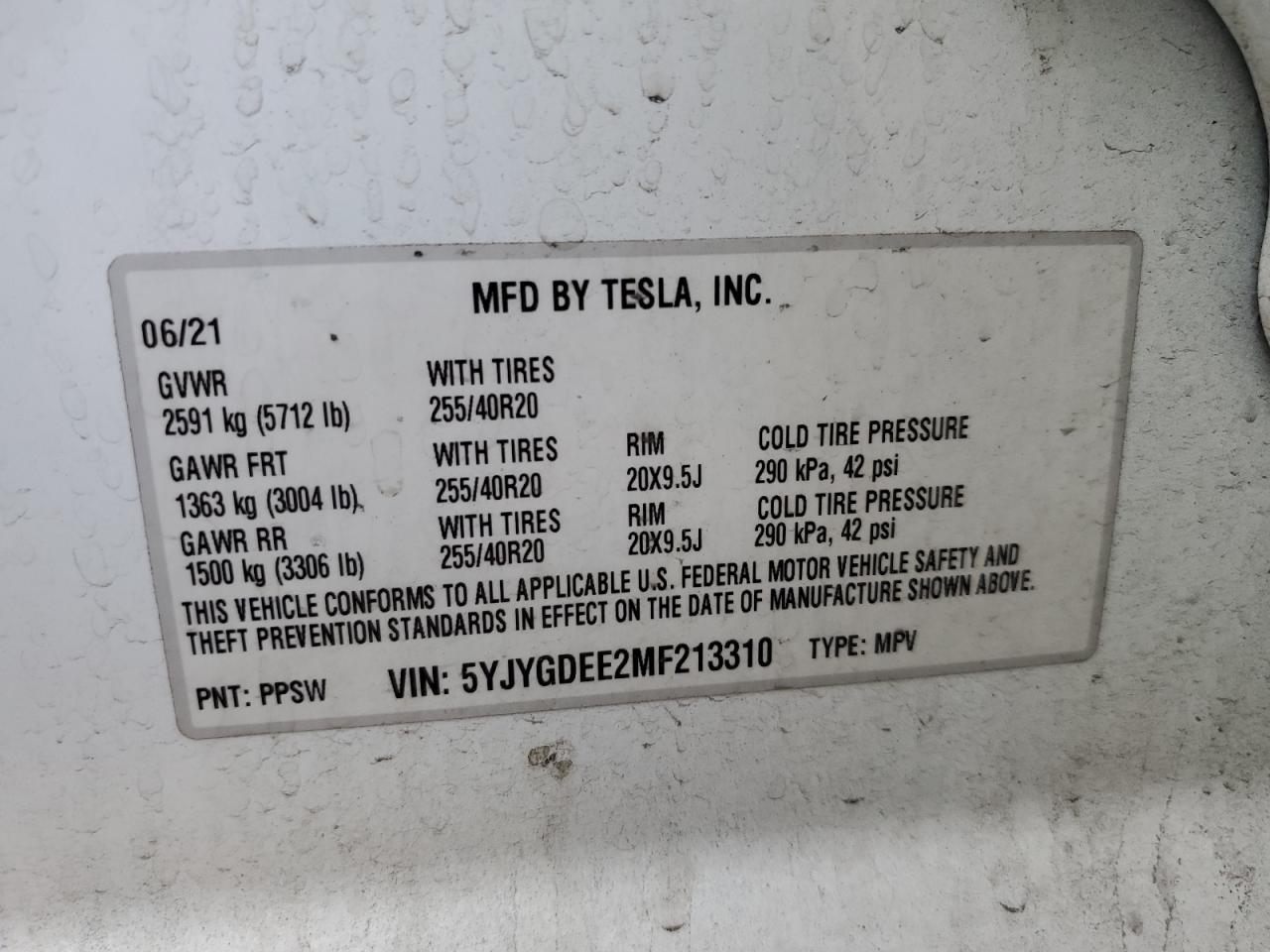 2021 Tesla Model Y VIN: 5YJYGDEE2MF213310 Lot: 73804374