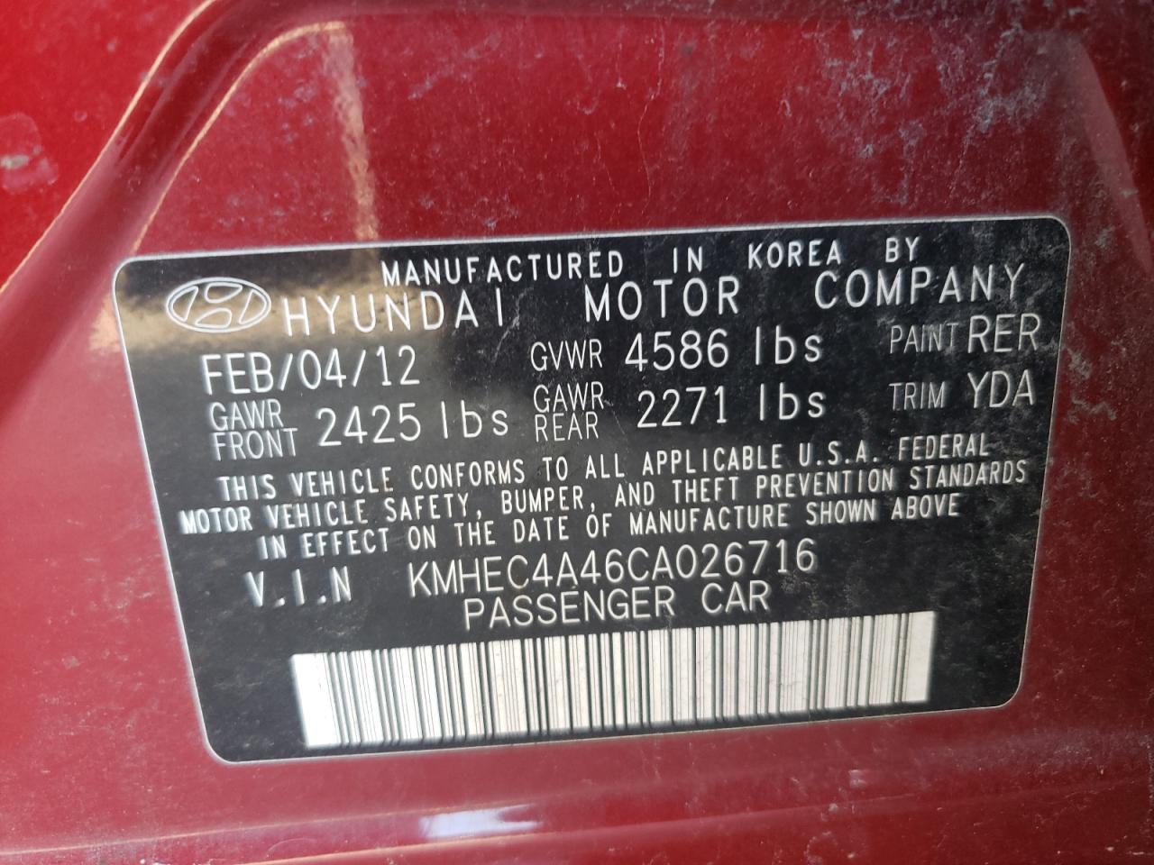 2012 Hyundai Sonata Hybrid VIN: KMHEC4A46CA026716 Lot: 74372114