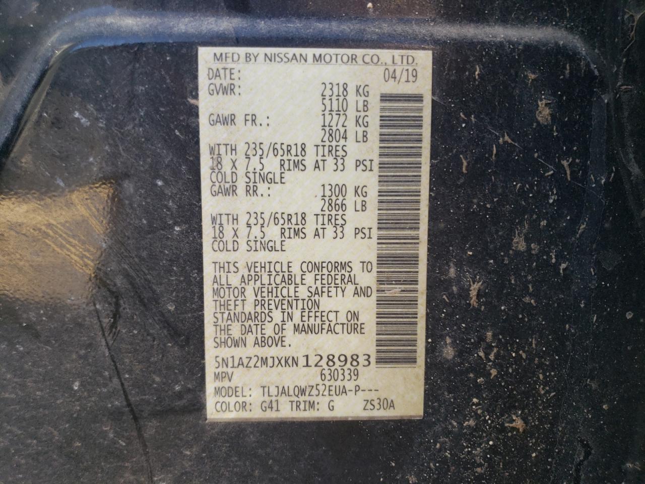 2019 Nissan Murano S VIN: 5N1AZ2MJXKN128983 Lot: 67270985