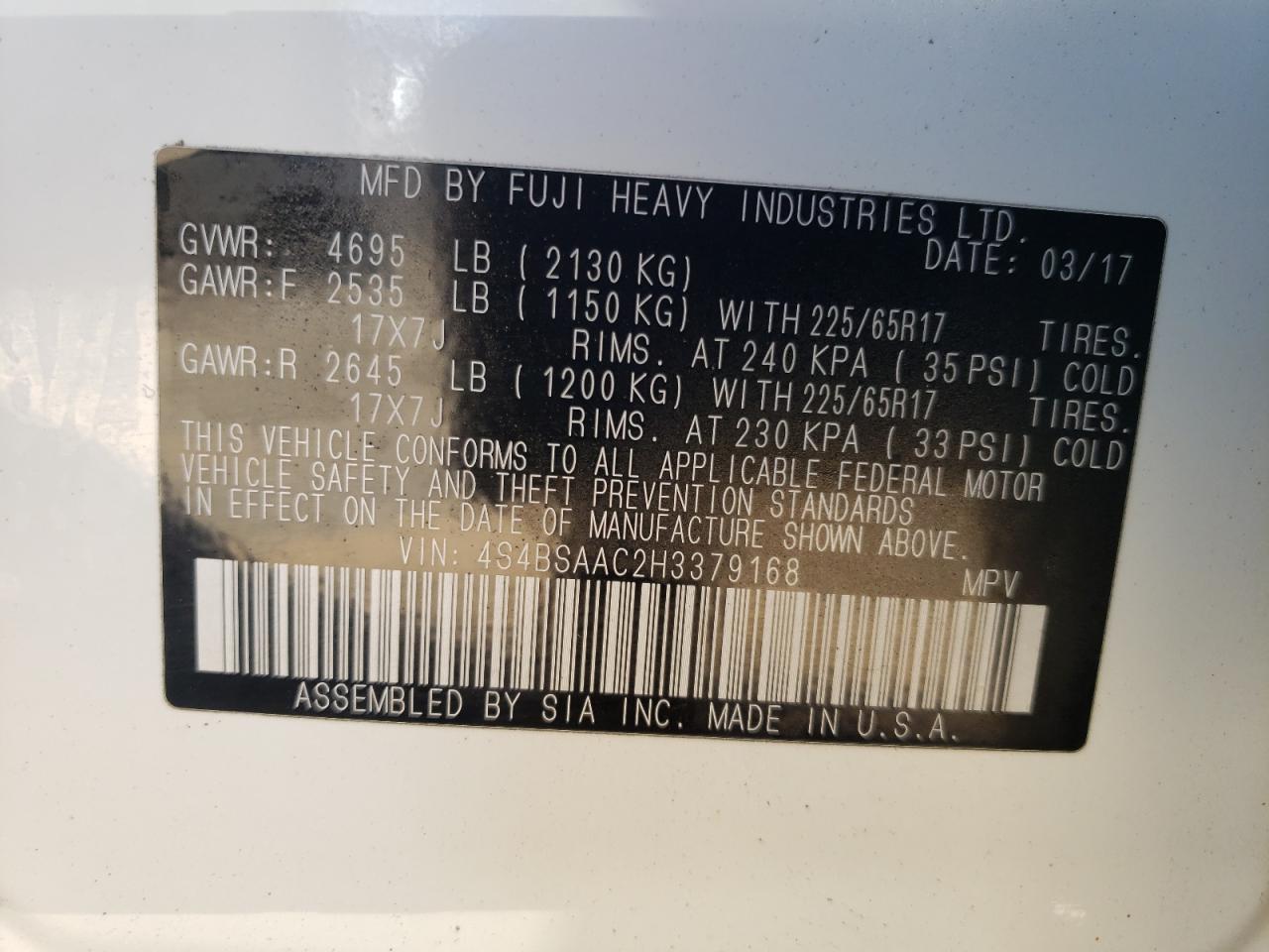 2017 Subaru Outback 2.5I VIN: 4S4BSAAC2H3379168 Lot: 74173684