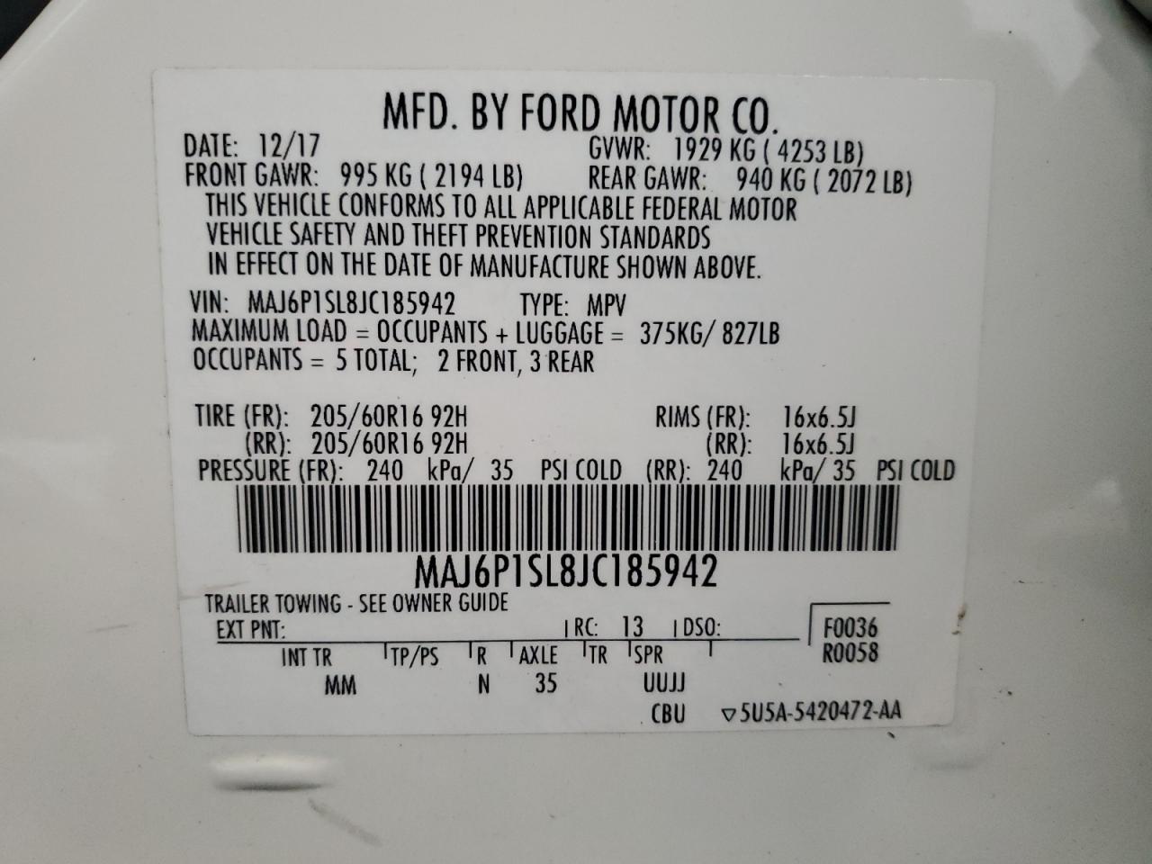 2018 Ford Ecosport S VIN: MAJ6P1SL8JC185942 Lot: 77783924