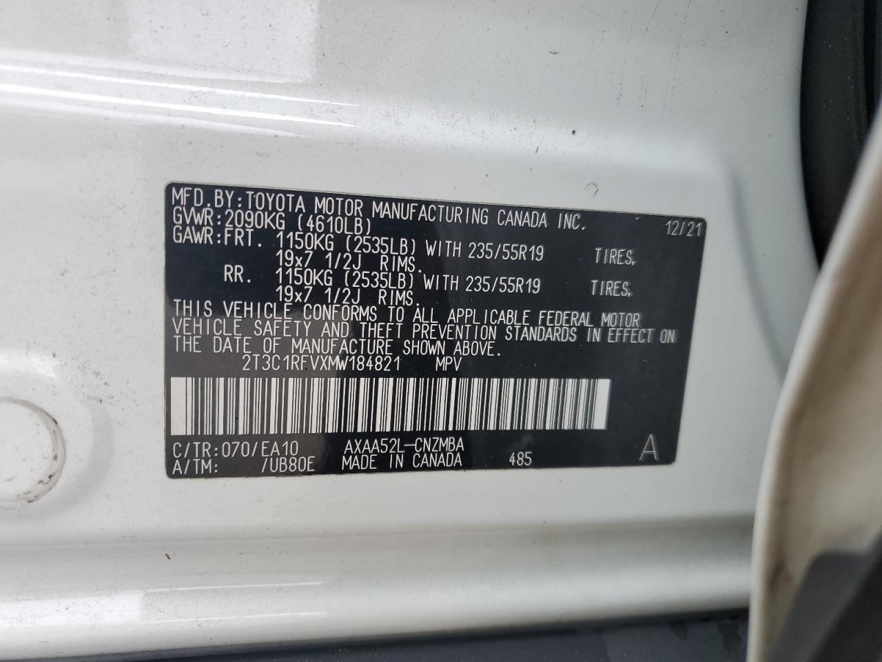 2T3C1RFVXMW184821 2021 Toyota Rav4 Xle Premium