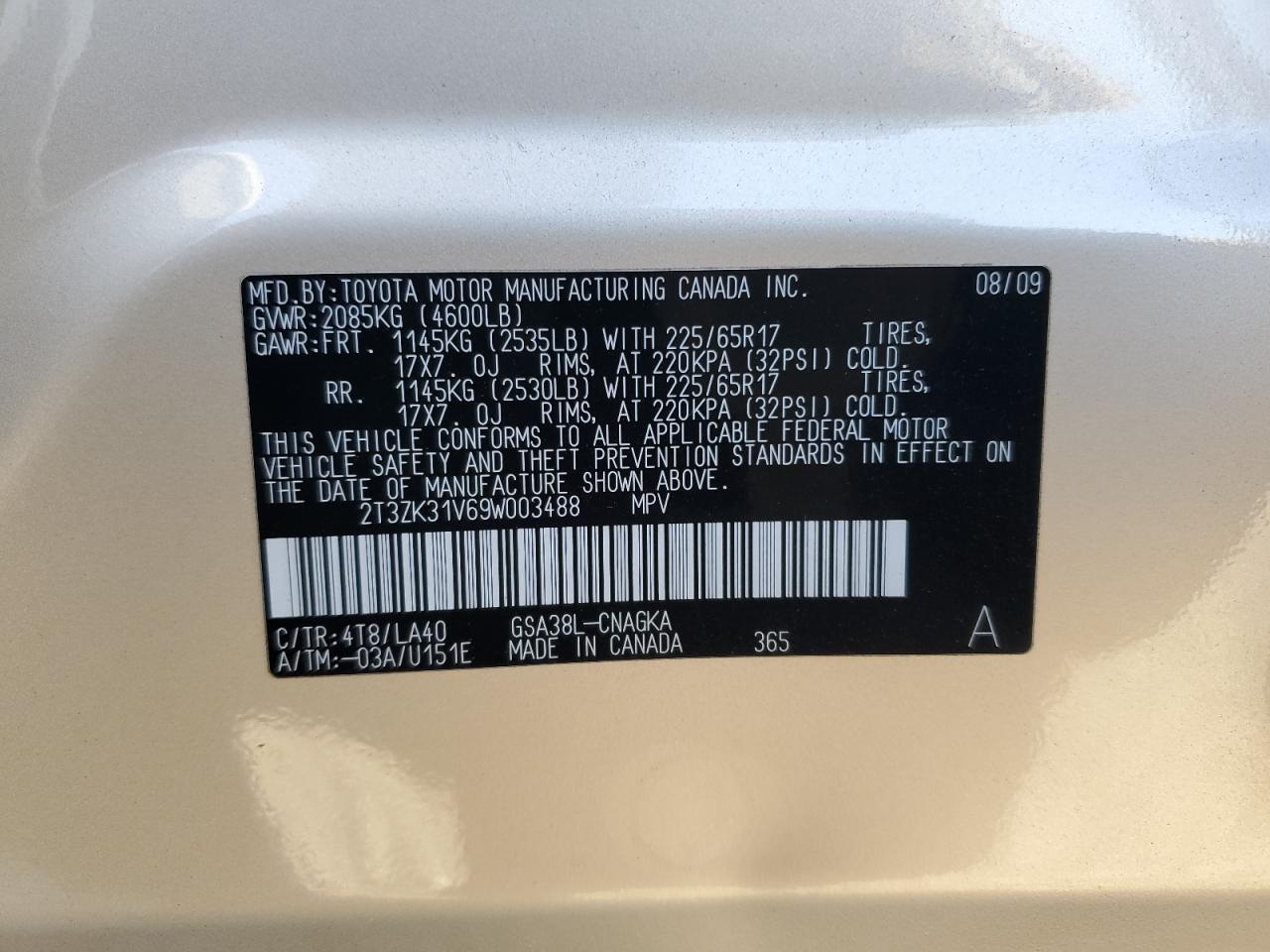 2T3ZK31V69W003488 2009 Toyota Rav4 Limited