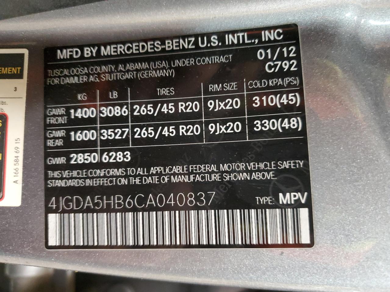 2012 Mercedes-Benz Ml 350 4Matic VIN: 4JGDA5HB6CA040837 Lot: 76510004