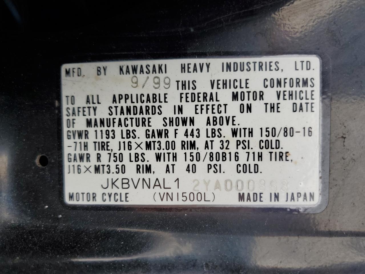 JKBVNAL12YA000868 2000 Kawasaki Vn1500 L