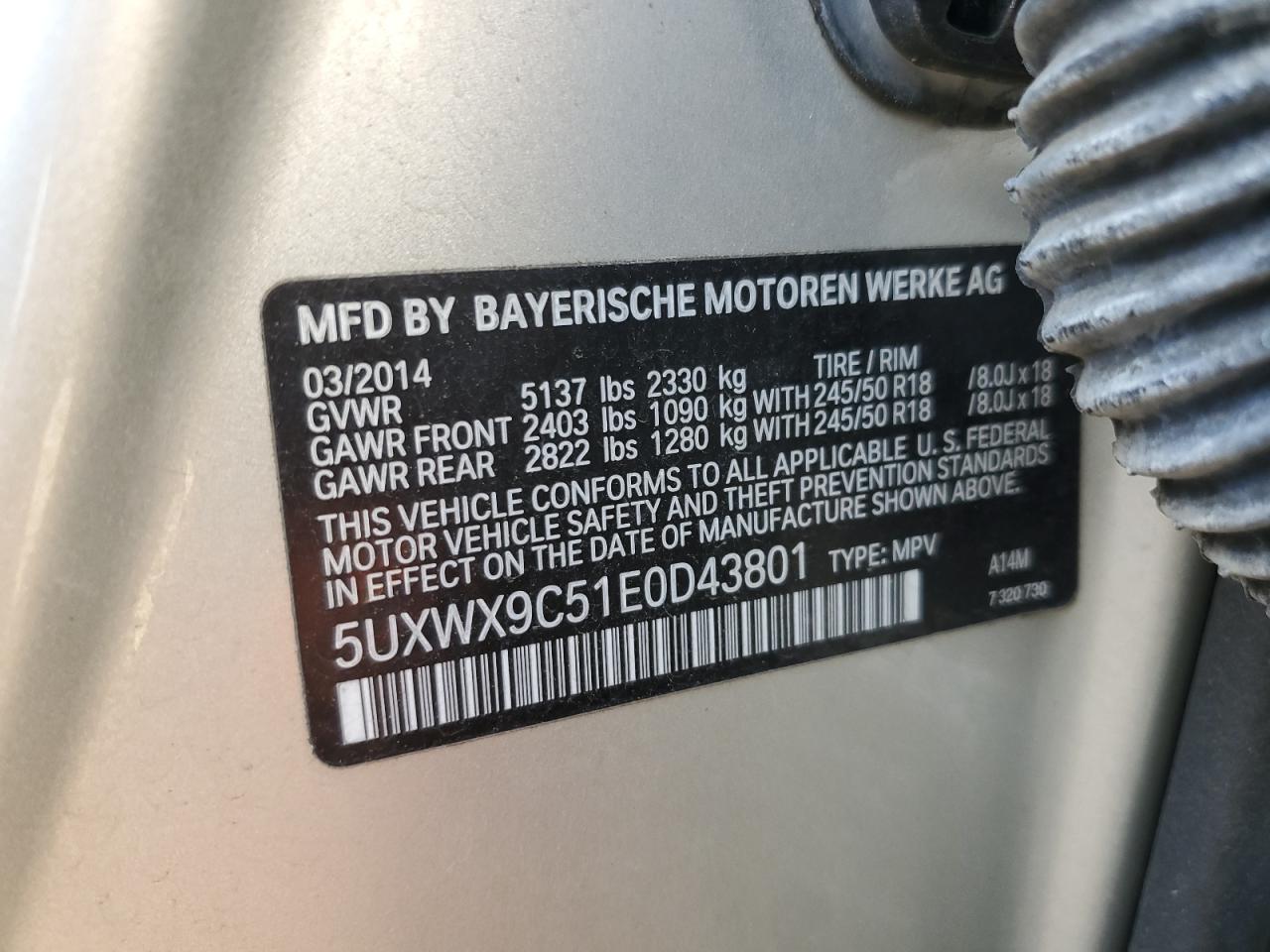 5UXWX9C51E0D43801 2014 BMW X3 xDrive28I