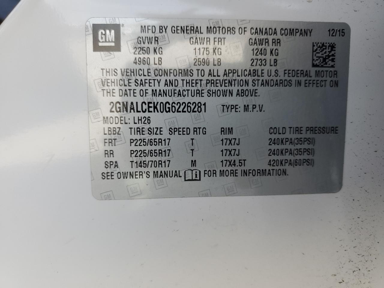 2GNALCEK0G6226281 2016 Chevrolet Equinox Lt